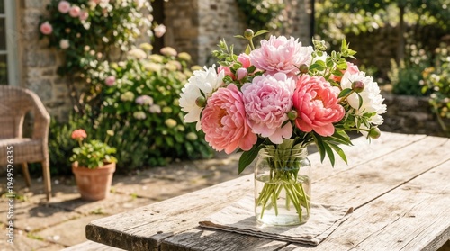 Букет Soft pink and white peonies arranged in a glass jar brighten a rustic outdoor table in a sunny cottage garden.