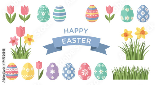 Happy Easter banner with colorful decorated eggs, tulips and daffodils in grass