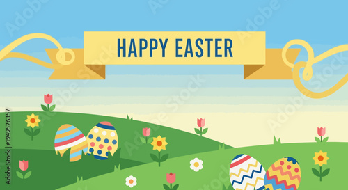 Happy Easter Banner with Colorful Eggs and Flowers on Rolling Hills