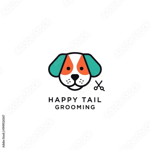 Cute cartoon dog head logo with scissors icon for pet grooming business concept on white background