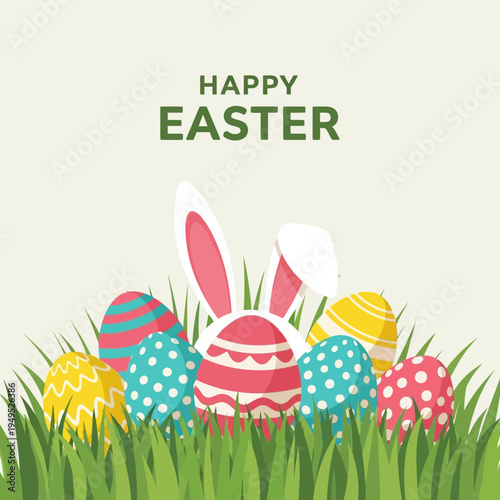 Happy Easter Bunny Ears & Decorated Eggs in Green Grass - Festive Spring Holiday