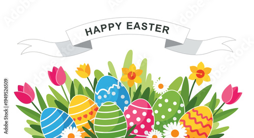 Happy Easter colorful decorated eggs and spring flowers in green grass