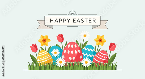 Happy Easter colorful decorated eggs and spring flowers on grass background