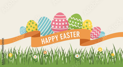 Happy Easter colorful decorated eggs on grass with ribbon banner