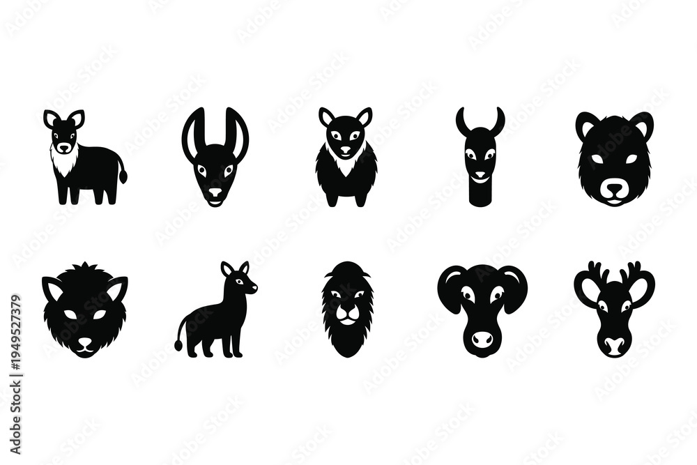 Obraz premium Collection of 10 black and white animal head silhouettes