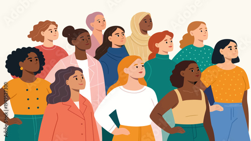 A diverse group of women standing together in unity and solidarity, showcasing their individuality and strength.