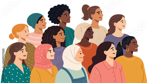 A diverse group of women from different cultures and backgrounds standing together in unity and solidarity.
