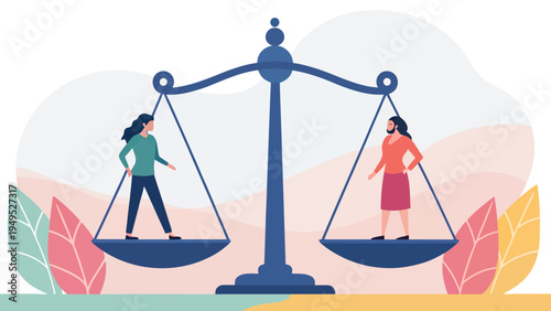 Two women standing on balanced scales with colorful leaves in the background