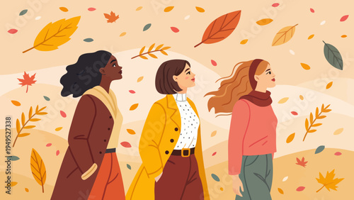 Three women walking together in a beautiful autumn landscape with colorful leaves falling around them