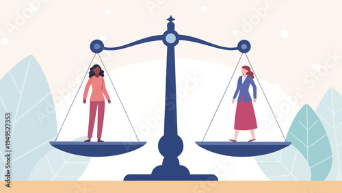 Two women standing on a balance scale, symbolizing equality and fairness in a serene environment.