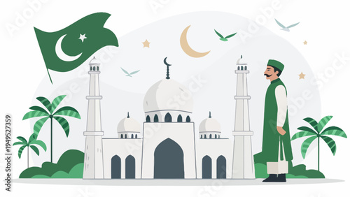 A man in traditional Pakistani clothing stands in front of a mosque with the Pakistani flag waving in the background.