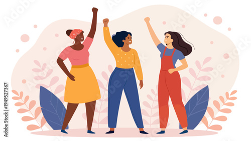 Three diverse women standing together with raised fists in a celebratory gesture