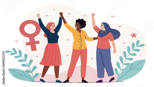 Three diverse women standing together in solidarity with raised fists and a female symbol