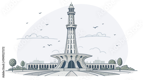 A black and white illustration of the Minar-e-Pakistan monument in Lahore, Pakistan