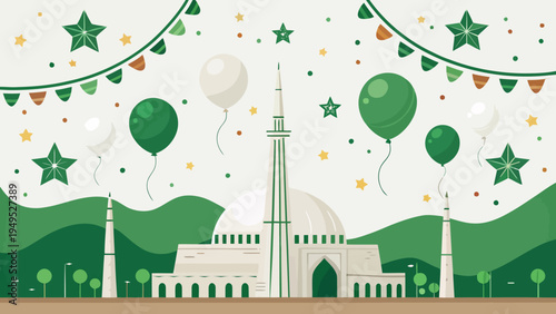 A vibrant illustration of a mosque with green and white balloons and stars