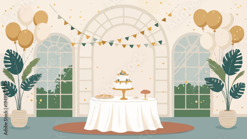 A festive party scene with a table set for celebration in a bright room