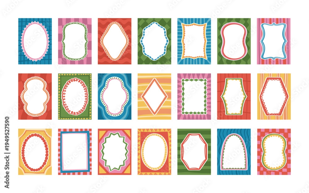 Fototapeta premium Colorful whimsical frames and creative decorative borders with empty space inside isolated set