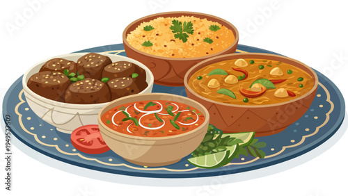 A vibrant and colorful illustration of various bowls of food on a decorative plate