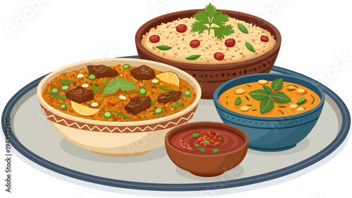 A vibrant and colorful illustration of various traditional dishes served on a decorative platter