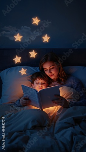 Woman reads a book with son in bed under decorative stars