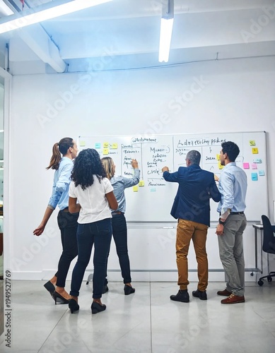 Diverse Business Team Collaborating on Whiteboard in Modern Office.