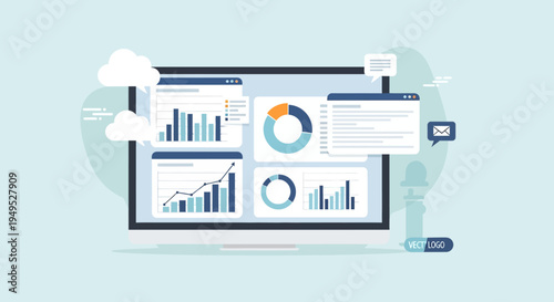 Business analytics dashboard on computer screen with charts, graphs and data visualization