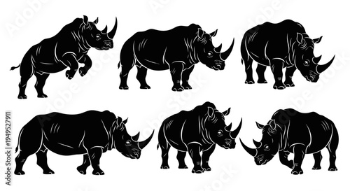 Set of Black Rhinoceros Silhouettes in Various Poses
