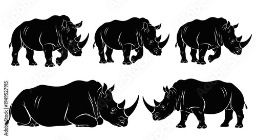 Set of Black Rhinoceros Silhouettes in Various Poses