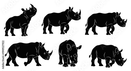 Set of Black Rhinoceros Silhouettes in Various Poses