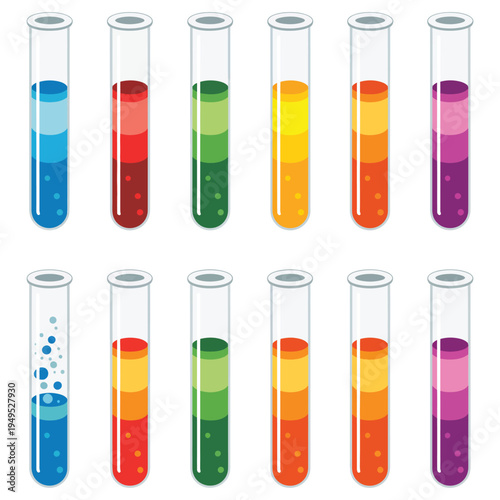Laboratory Glass Test Tubes with Multicolor Chemical Liquid Vector Set, Some with Bubbles, Isolated on White Background, Science Experiment Equipment for Chemistry Research, Medical Lab, and Education