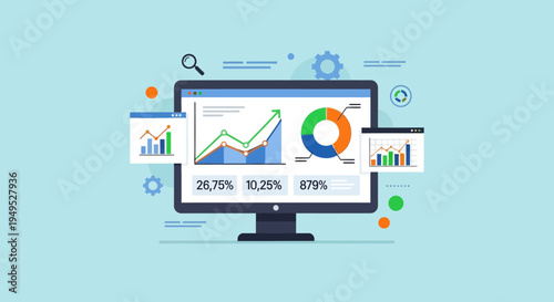 Business analytics dashboard on computer screen with charts, graphs, and data visualization