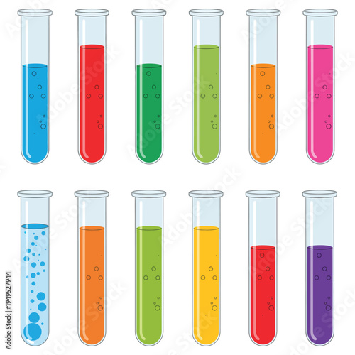 Set of Glass Test Tubes with Multicolored Liquid Reagents and Bubbles Isolated on White Background, Laboratory Chemistry Equipment Illustration for Science Education, Medical Research