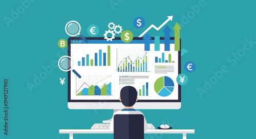 Business analytics dashboard on computer screen with charts and graphs, financial growth concept