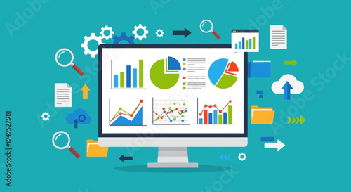 Business analytics dashboard with charts, graphs, and data visualization on computer screen