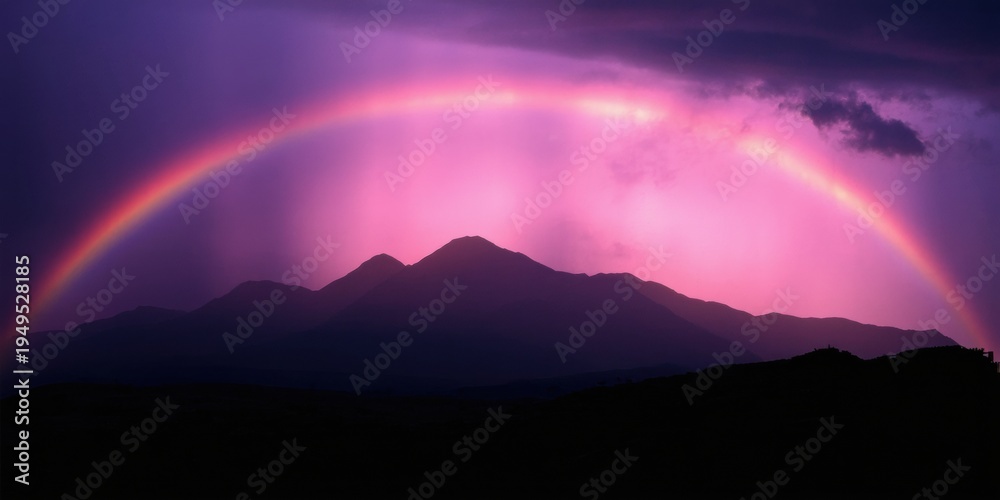 Obraz premium Dramatic landscape features vibrant rainbow arching over silhouetted mountains. Purple hues dominate sky, creating surreal scene.