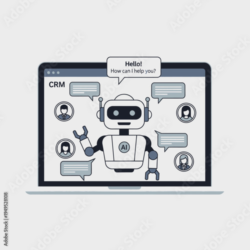AI chatbot on laptop screen helping customers with CRM, customer service concept