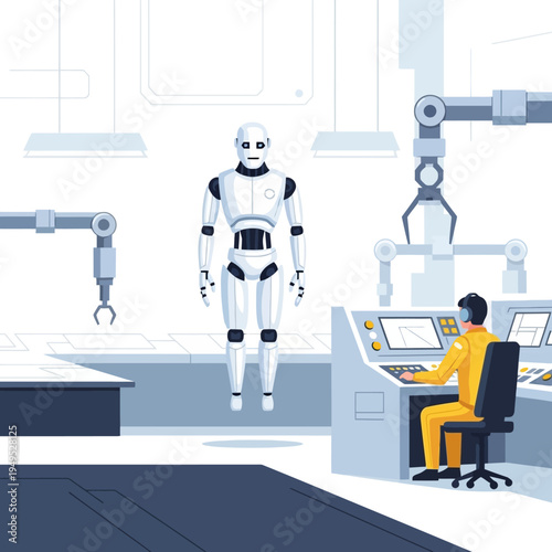 Advanced Robot in Futuristic Factory with Human Operator Controlling Production Line