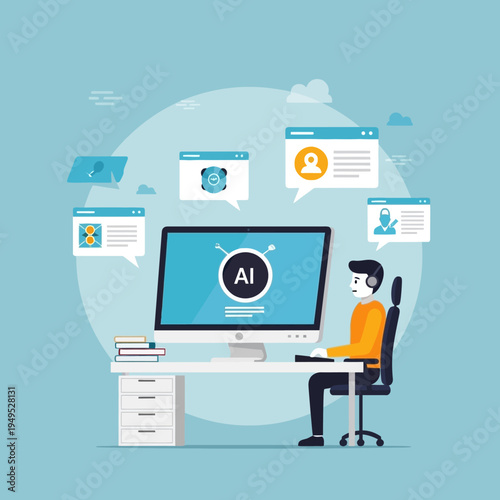 Artificial Intelligence concept, man working on computer with AI interface and chat bubbles