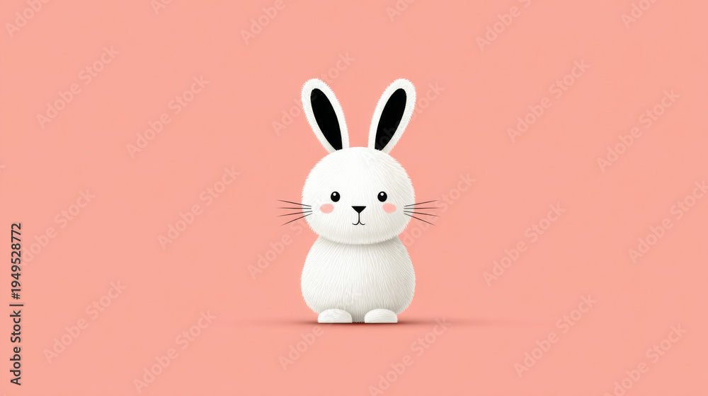 Obraz premium Cute white cartoon bunny with pink cheeks on peach background
