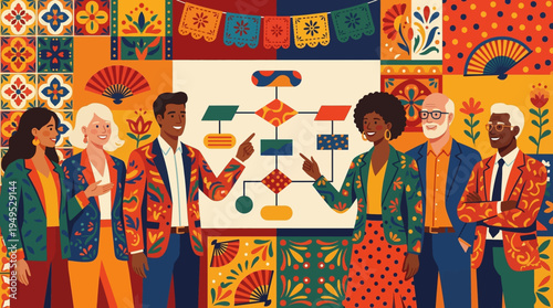 Diverse business team discussing complex workflow flowchart, professionals brainstorming corporate strategy and planning, vibrant colorful vector illustration.