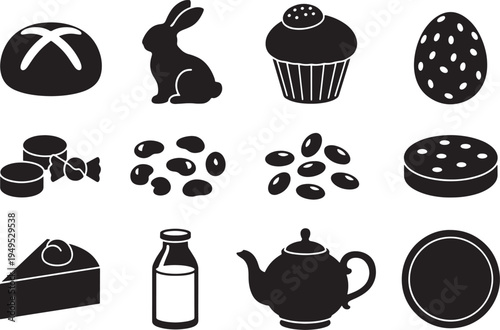 Easter day silhouette icon set easter eggs bunny cupcake and more