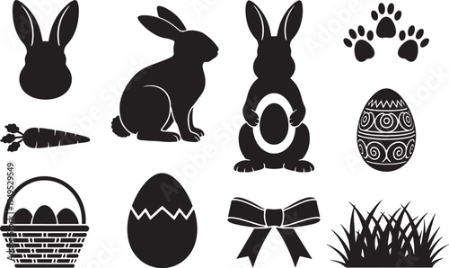 Easter day silhouette icons set easter bunny eggs basket and more