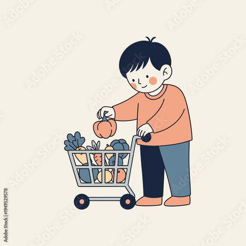 Child  filling toy shopping cart with vegetables illustration
