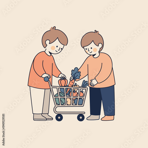 Children shopping vegetables with toy grocery cart illustration