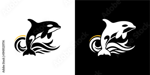 A powerful and elegant graphic logo showcases a dynamic killer whale or orca leaping from stylized ocean waves, subtly accented with a golden swirl. Presented in high contrast black and white vector v