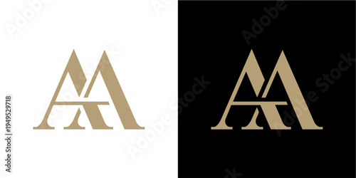 A sleek and sophisticated golden AM monogram logo is presented against contrasting black and white backgrounds, exuding an aura of luxury and professionalism. This versatile design is ideal for corpor