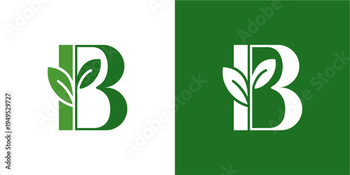 Elegant and modern letter B logo design featuring stylized green leaves, symbolizing growth, nature, and organic principles. Presented in two harmonious color variations, this versatile graphic is ide