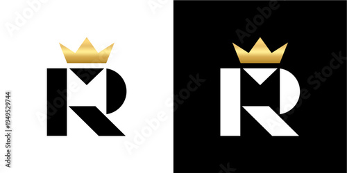 An elegant and modern monogram logo design featuring a stylized letter R combined with an M, beautifully crowned with a golden crown. This versatile vector icon is presented on both pristine white and