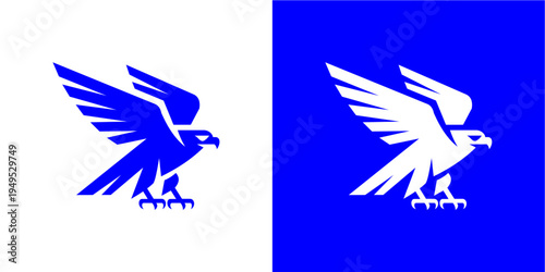 A striking, modern vector logo featuring a stylized eagle or falcon with powerful wings spread, presented in both deep blue on white and white on blue variations. This bold graphic conveys strength, s