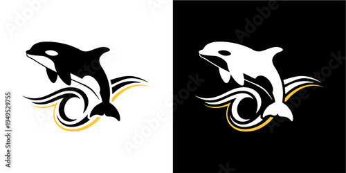 A striking vector illustration features a powerful killer whale orca leaping gracefully above stylized ocean waves, presented in both dark and light versions for versatile use. This clean, dynamic gra